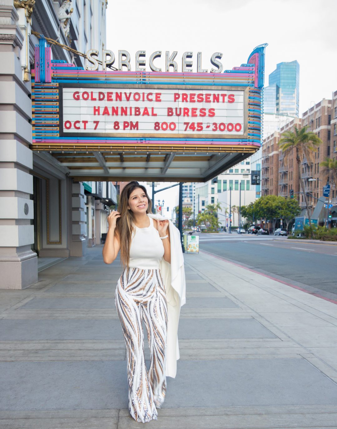 Vanessa Campos: Club L embellished wide leg PANTS in white multi. Spreckels Theater Downtown San Diego.